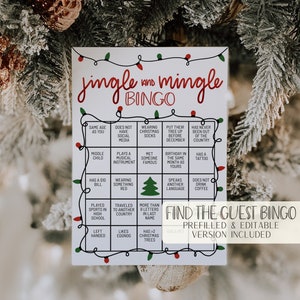 Znajdź grę Bingo dla gości, edytowalny lodołamacz na imprezę świąteczną, świąteczna aktywność o tematyce Jingle and Mingle, drukowane karty bingo na zimę
