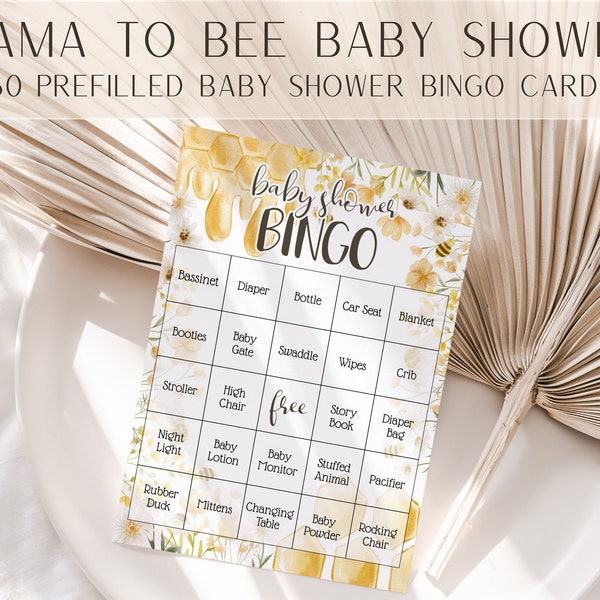 Mama to Bee Baby Shower Bingo Cards, Printable Set of 60 Prefilled Bingo Boards, Honey Bee Baby Shower Games and Activities, Honey Flowers