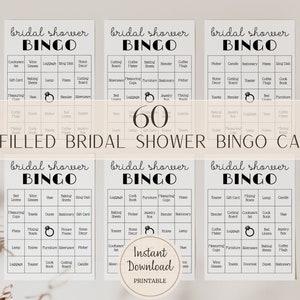 Juego de bingo para despedida de soltera precargado imprimible, juego de 60 cartones de bingo listos para imprimir, bingo de regalo para despedida de soltera, incluye tarjetas en blanco, PDF