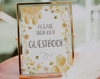 Por favor, firme nuestro libro de visitas imprimible para baby shower, decoración de abejorros, decoración de panal, descarga instantánea
