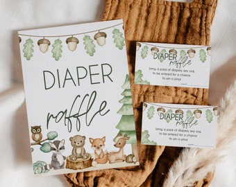 Diaper Raffle Sign and Tickets, Printable Woodland Baby Shower Game, Instant Download Forest Animals Diaper Raffle Bundle