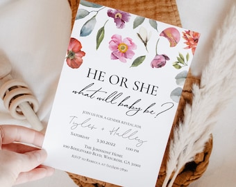 Floral Gender Reveal Invitation Template, Printable Baby in Bloom Gender Reveal Invite Download