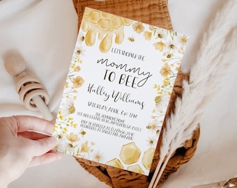 Bewerkbare mama om babyshower uitnodiging, gender neutrale honingbij wildflower douche uitnodiging, bloemen afdrukbare sjabloon, instant download