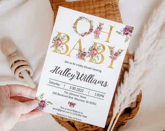 Floral Baby Shower Invitation, Oh Baby Pink and Gold Flowers, Editable, Printable, Invite Template, Instant Digital Download