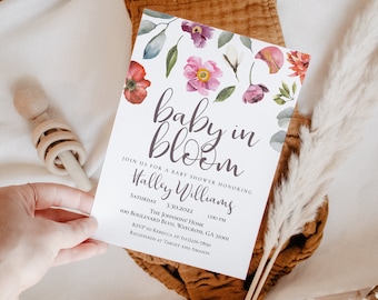 Baby in Bloom Invitation, Printable Floral Baby Shower Invite Template, Editable with Corjl
