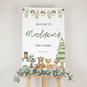 Afdrukbare Woodland Animals Baby Shower Welkomstbord, Forest Baby Shower Decor, Bewerkbare Poster, 5 Maten Inbegrepen, Instant Download