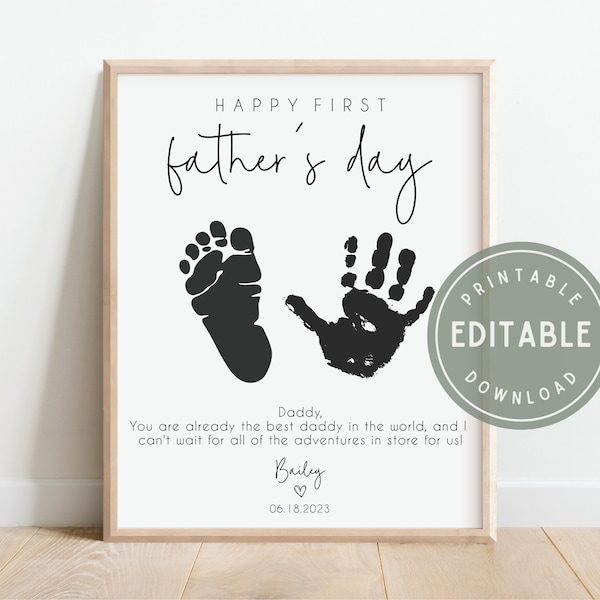 Editable and Printable First Father's Day Handprint and Footprint Craft for 2024, 8x10 Keepsake for Dad from Baby