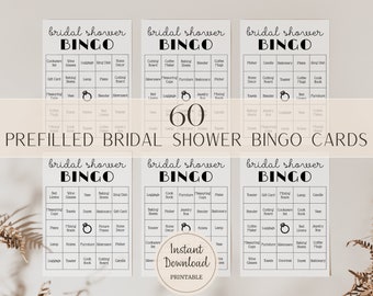 Afdrukbaar voorgevuld bingospel voor bruidsdouche, set van 60 bingokaarten klaar om af te drukken, cadeau-bingo voor huwelijksdouche, inclusief blanco kaarten, PDF