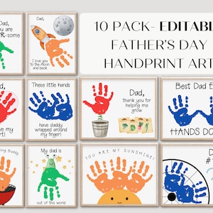 May include: Ten printable Father's Day cards featuring handprint art with different themes. The cards include phrases like "You are my sunshine!" and "Best Dad Ever".