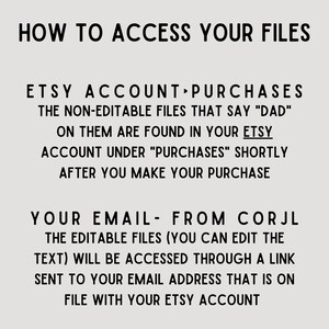 May include: Text-based instructions on how to access digital files purchased on Etsy. The instructions explain how to access non-editable files and editable files.