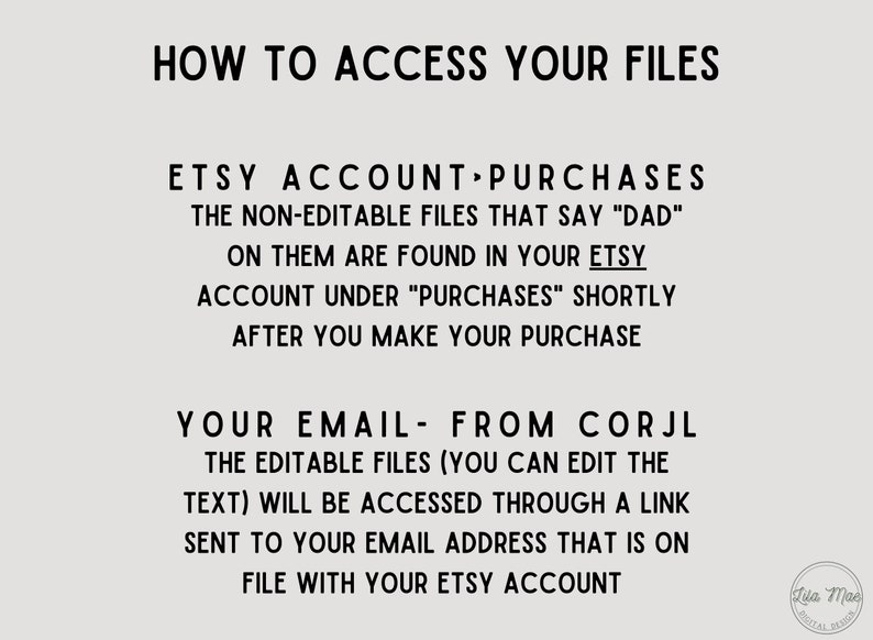 May include: Text-based instructions on how to access digital files purchased on Etsy. The instructions explain how to access non-editable files and editable files.