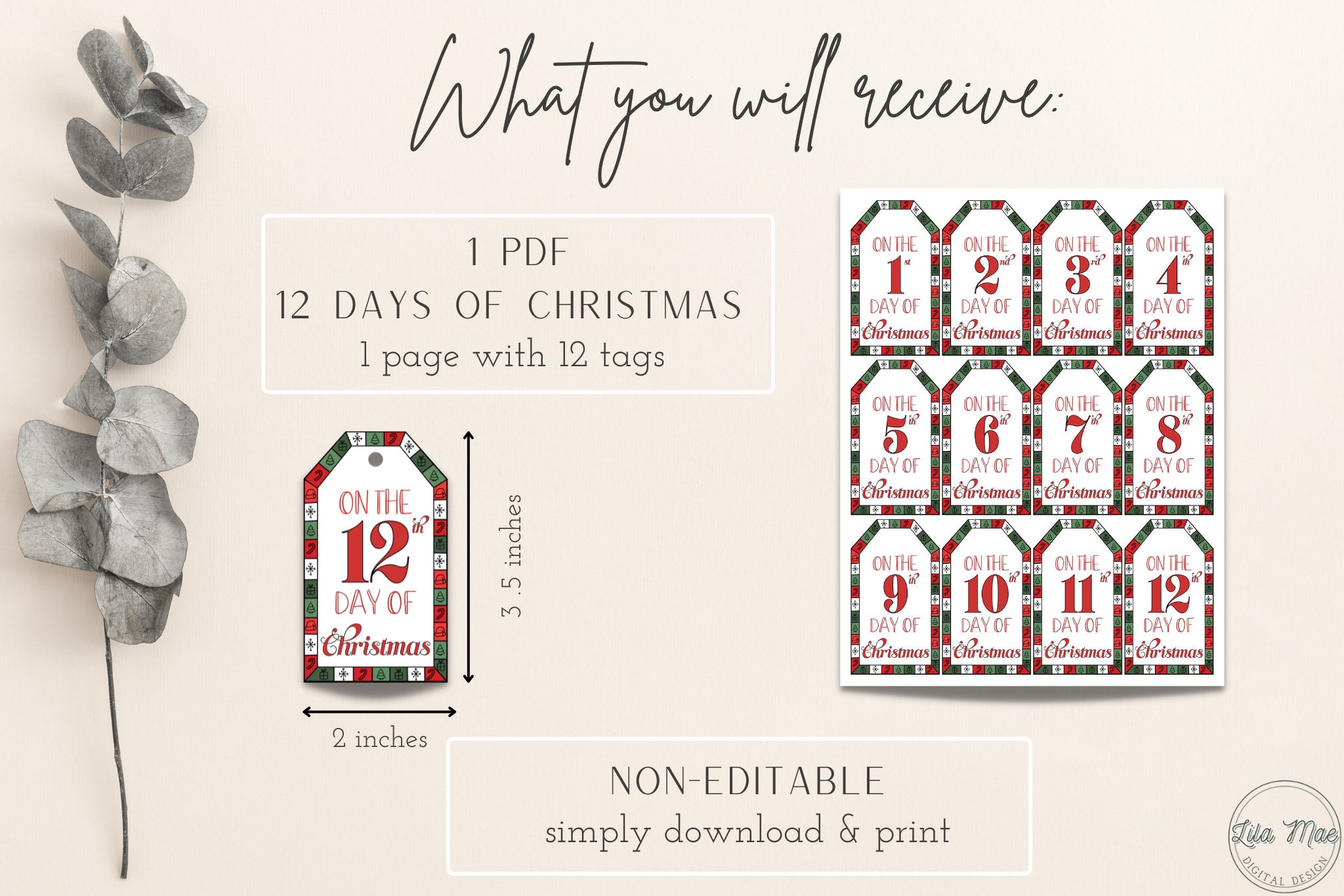 Printable 12 Days of Christmas Tags, Holiday Gift Tags for Presents ...
