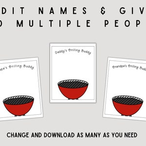 May include: Three printable cards with a red and black grill design. Each card has a space to write "Grilling Buddy" and a name, such as "Daddy's", "Papa's", or "Grandpa's".