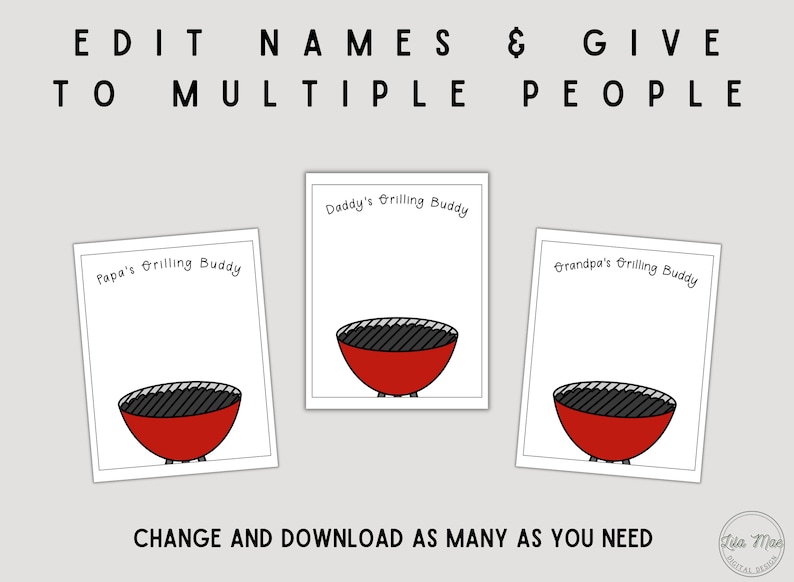May include: Three printable cards with a red and black grill design. Each card has a space to write "Grilling Buddy" and a name, such as "Daddy's", "Papa's", or "Grandpa's".