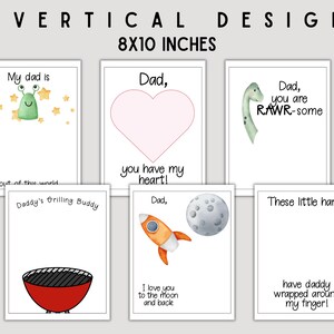 May include: Six printable Father's Day cards featuring illustrations of a grill, a rocket, a moon, a dinosaur, a heart, and a green alien. The cards are 8x10 inches and include text such as "My dad is out of this world", "Dad, you have my heart!" and "Dad, you are RAW-some".