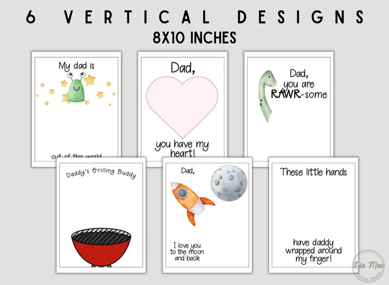 May include: Six printable Father's Day cards featuring illustrations of a grill, a rocket, a moon, a dinosaur, a heart, and a green alien. The cards are 8x10 inches and include text such as "My dad is out of this world", "Dad, you have my heart!" and "Dad, you are RAW-some".