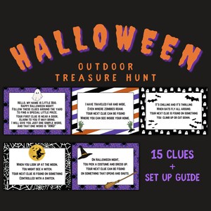Caça ao tesouro de Halloween ao ar livre para crianças, pistas de caça ao tesouro, cartões de pistas de enigma para atividades de caça ao tesouro de outubro, para impressão