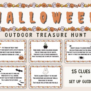 Búsqueda del tesoro de Halloween al aire libre imprimible para niños, 15 tarjetas de pistas de acertijos para la actividad de búsqueda del tesoro de octubre