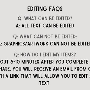 May include: A text-based FAQ about editing digital products. The text explains that all text can be edited, but graphics cannot. It also explains that after purchase, the buyer will receive an email with a link to edit the text.