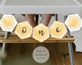 Imprimible UN banner de primer cumpleaños para fiesta de cumpleaños temática de abejas, decoraciones del primer día de la abeja, primer cumpleaños del bebé dulce como puede abeja