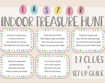 Printable Indoor Easter Scavenger Hunt, Treasure Hunt Easter Activity for Kids, 17 Clue Cards and Set Up Guide, Instant Download PDF