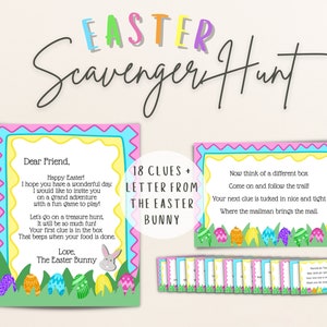 Búsqueda del tesoro de Pascua imprimible para niños, actividad de búsqueda del tesoro de Pascua en interiores, 18 pistas y carta del conejito de Pascua, descarga instantánea