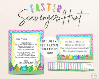 May include: A printable Easter scavenger hunt game with 18 clues and a letter from the Easter Bunny. The clues are written on colorful cards with a pink, yellow, and blue border. The cards feature a green grass background with colorful Easter eggs.