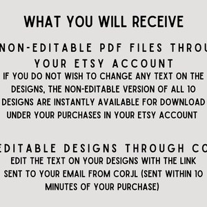 May include: Text overlay on a white background that reads "WHAT YOU WILL RECEIVE" followed by "10 NON-EDITABLE PDF FILES THROUGH YOUR ETSY ACCOUNT" and "10 EDITABLE DESIGNS THROUGH CORJL". The text explains that the buyer will receive 10 non-editable PDF files through their Etsy account and 10 editable designs through Corjl.