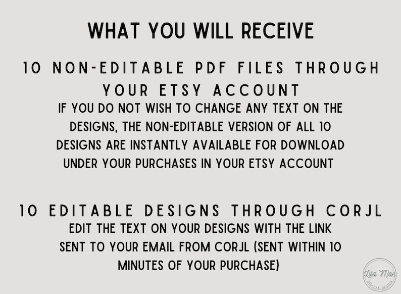May include: Text overlay on a white background that reads "WHAT YOU WILL RECEIVE" followed by "10 NON-EDITABLE PDF FILES THROUGH YOUR ETSY ACCOUNT" and "10 EDITABLE DESIGNS THROUGH CORJL". The text explains that the buyer will receive 10 non-editable PDF files through their Etsy account and 10 editable designs through Corjl.