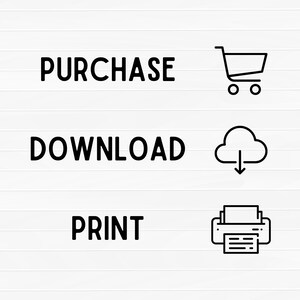 Op de afbeelding: Zwart-witte lijntekeningen die de stappen voorstellen om een digitaal product te kopen, te downloaden en te printen. De iconen zijn een winkelwagen, een wolk met een pijl naar beneden en een printer.