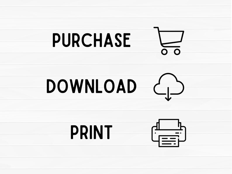 Op de afbeelding: Zwart-witte lijntekeningen die de stappen voorstellen om een digitaal product te kopen, te downloaden en te printen. De iconen zijn een winkelwagen, een wolk met een pijl naar beneden en een printer.