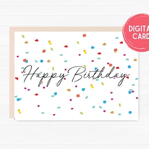 Rainbow Confetti Happy Birthday Card, Celebrate, Birthday Party, Greeting Card, Rainbow, Confetti, PDF, JPEG, Instant Download, Digital Card