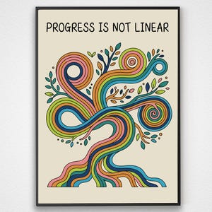 May include: A framed art print with the text "PROGRESS IS NOT LINEAR." The artwork features a colorful, abstract tree design with swirling rainbow-colored lines and green leaves. The background is a light beige color.
