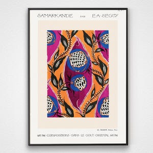 May include: Framed art print featuring a vibrant, abstract design. The artwork showcases a pattern of stylized floral elements in shades of orange, purple, and blue, with black accents. The print includes text at the top and bottom, and is framed in a black border.