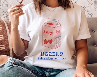 Koszula Strawberry Milk, Estetyczna odzież, Kawaii koszula, Pastelowa różowa koszula, Pastelowa gotycka koszula, Kawaii odzież, Anime, słodka koszula