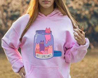 Moletom unissex antidepressivo para gatos, moletom com capuz para gatos, moletom com capuz kawaii