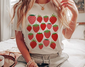 Aardbei Shirt Aardbei Kleding Aardbei Top Tuin Shirt Esthetische Kleding Cottagecore Kleding Botanisch Shirt Aardbei Print