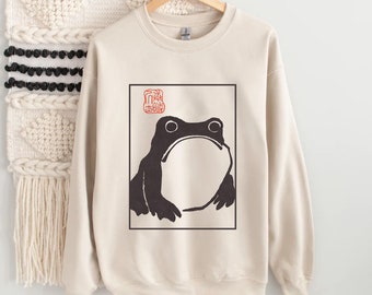 Unimpressed Frog Sweatshirt- grumpy frog cottagecore Japanese Aesthetic by Matsumoto Hoji, Organic Unisex Sweatshirt, Vintage Style Art