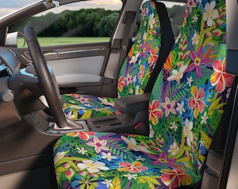 Flower Power Car Seat Covers,  Cottagecore Cute Green colorful Floral Front Bucket Seat Cover For Car Vehicle, Nature seat cover