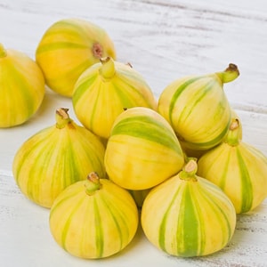 May include: A cluster of ripe figs with yellow and green stripes. The figs have a teardrop shape and are arranged on a white wooden surface. The figs have a small stem at the top.
