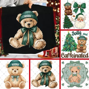 Vintage Christmas Starbucxs Inspired Bear Cup PNG Bundle, Hand Drawn Holiday Clipart Bundle, Christmas Coquette Bow PNG, Digital Download