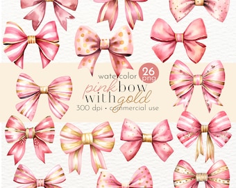 May include: Set of 26 watercolor pink bows with gold accents. The bows have various patterns including polka dots, stripes, and solid colors. The bows are perfect for adding a touch of elegance to any project.