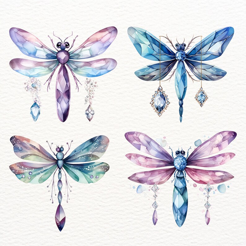 May include: Four watercolor illustrations of dragonflies with jeweled accents. Each dragonfly has a different color scheme, including blue, purple, pink, and green.