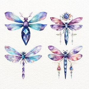 May include: Four watercolor illustrations of dragonflies with intricate details. Each dragonfly has a unique color scheme, including shades of blue, purple, pink, and gold. The dragonflies are adorned with sparkling jewels and delicate wings.