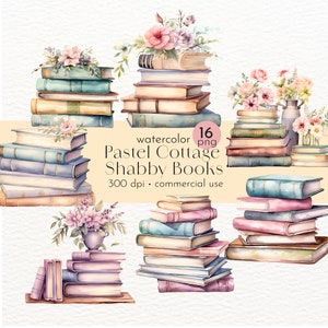 May include: A set of 16 watercolor illustrations of pastel-colored books stacked in various arrangements. Each stack is adorned with delicate floral arrangements in shades of pink and white. The text "watercolor 16 png Pastel Cottage Shabby Books 300 dpi - commercial use" is displayed below the images.