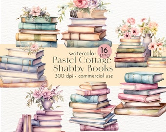 Pastel Cottage Books Clipart: Shabby Chic Book Lover Art (Instant Download)