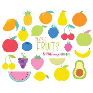 Fruits Clipart, Clip Art Set of Watermelon, Citrus, Orange, Apple, Banana, Fruit, Happy Food Clipart - Instant Download