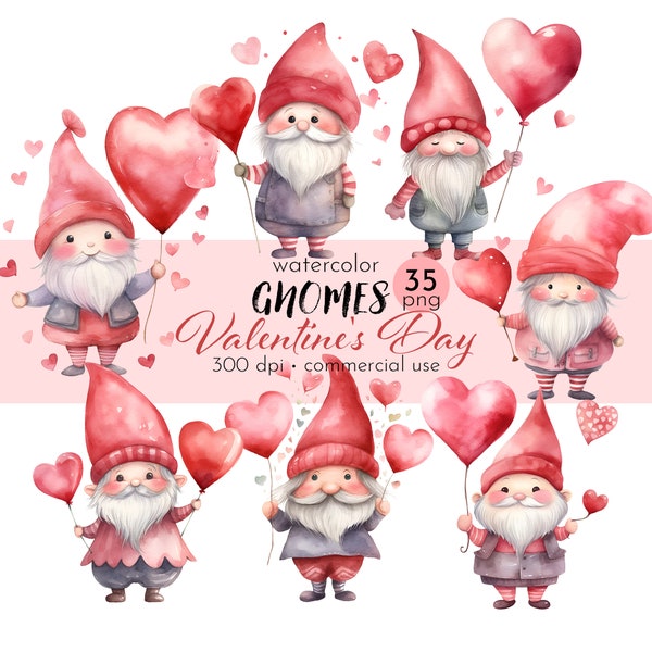 Gnomes Valentine's Day Clipart, Heart Balloons, Cute Watercolor Gnomes, Love Clip Art - Instant Download - Commercial Use