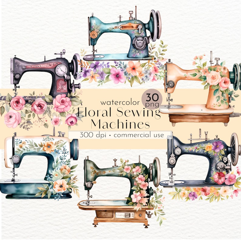 Floral Sewing Machine Clipart, Flower Clipart, Watercolor Sewing