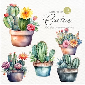 Cactus en pot avec des fleurs, clipart verdure, art du cactus, cactus floral - téléchargement immédiat - usage Commercial